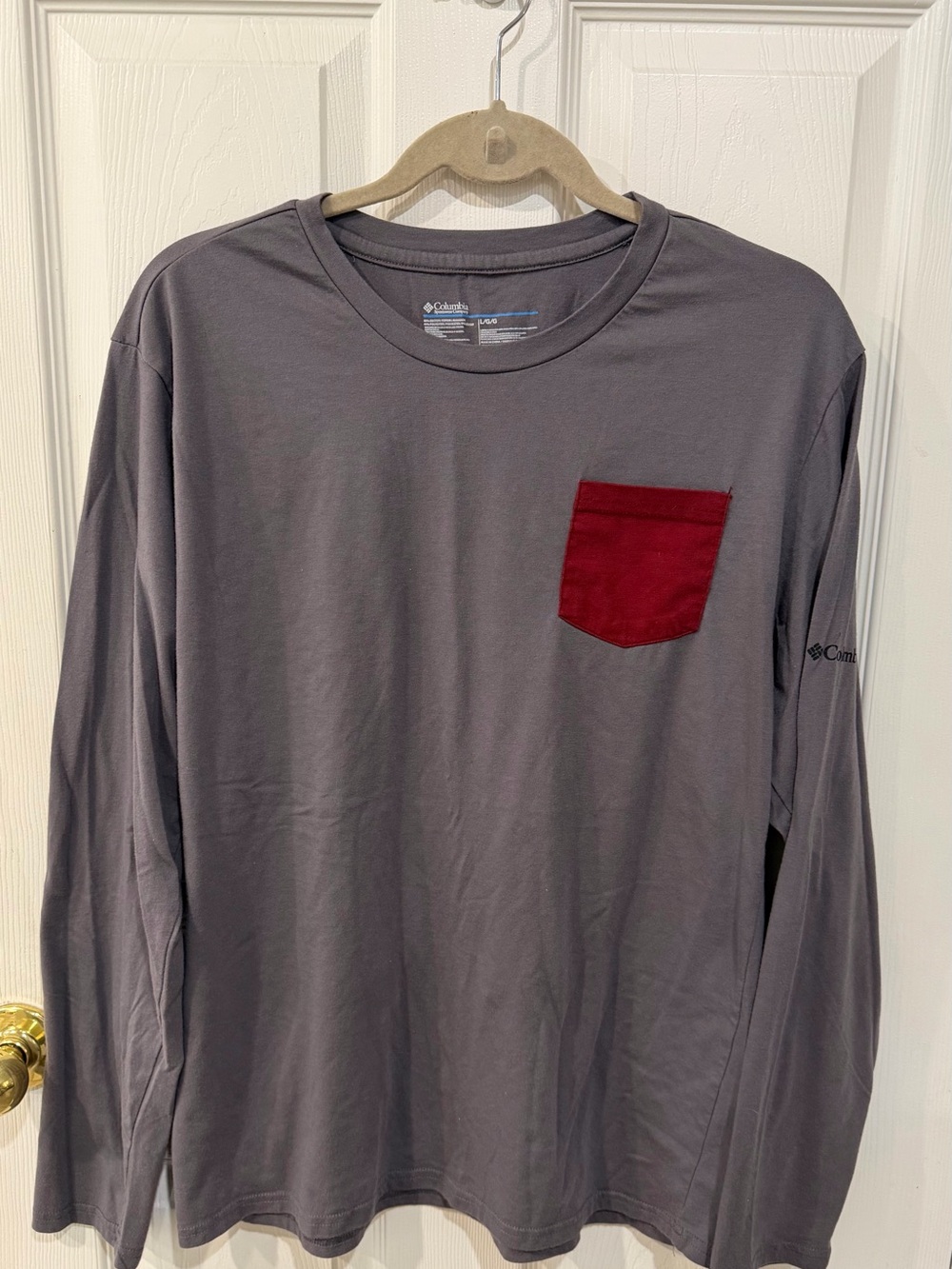 Columbia Long-Sleeve Gray Shirt with Red Chest Pocket